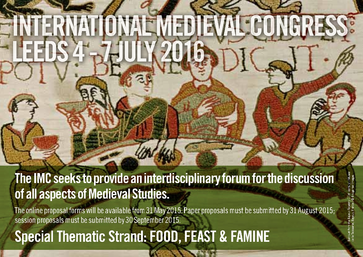 The Call for Papers postcard for IMC 2016, where the special thematic strand is Food, Feast & Famine.
