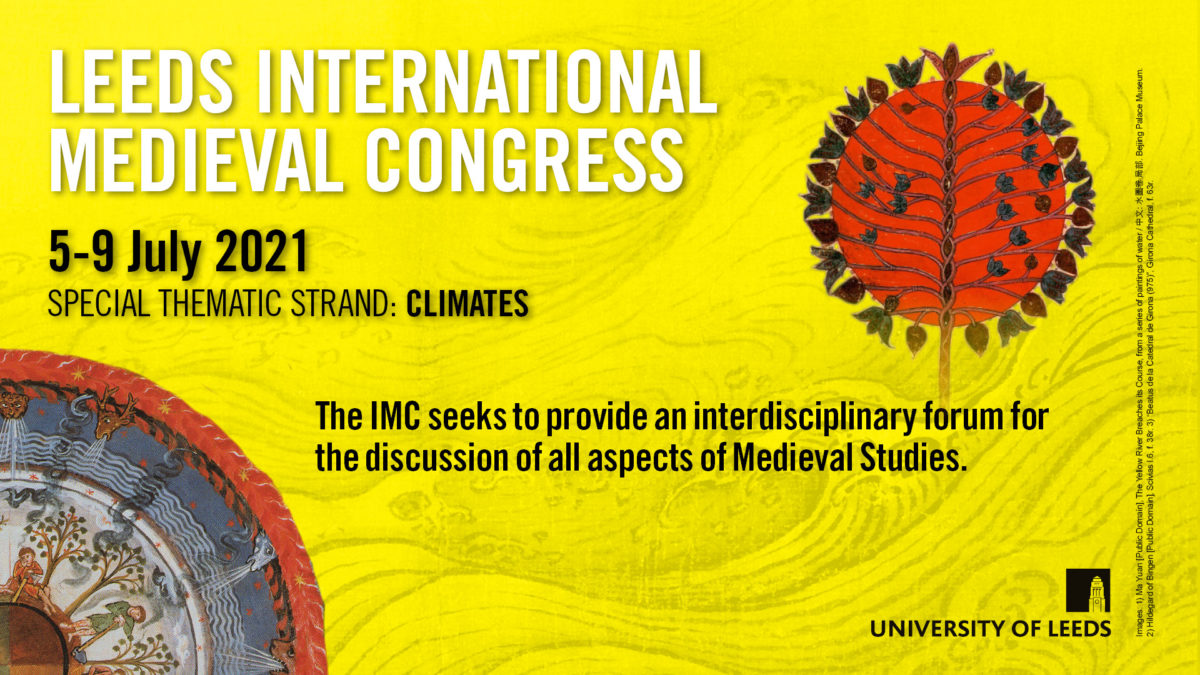 Postcard advertising IMC 2021 call for papers, featuring extracts of images from Hildegard of Bingen and Beatus of Girona.
