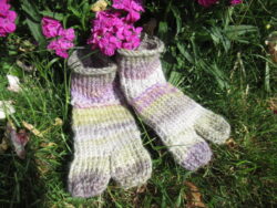 Two multicoloured socks sit on a backdrop of grass and flowers.