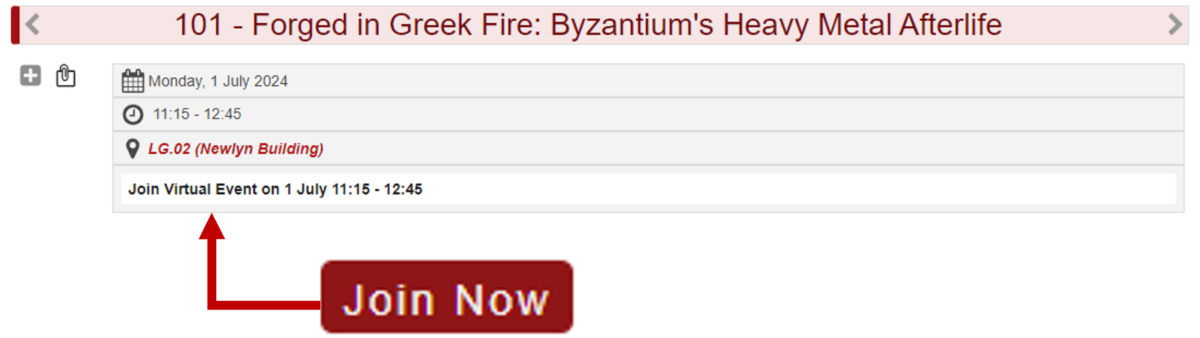 The top of a Session page in Confex, a red arrow shows where the red 'Join Now' button will appear once the session starts.