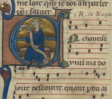 A part of a medieval manuscript which is sheet music and has latin writing. There is a medieval figure sat in the middle of the big and embellished letter 'a'.