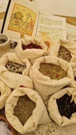 White bags filled with different herbs. There is a book with medieval-type writing in the back ground.