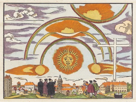 A colourful picture of a group of people standing on a hill overlooking a town while looking at the sky. The sun in the centre has a face.