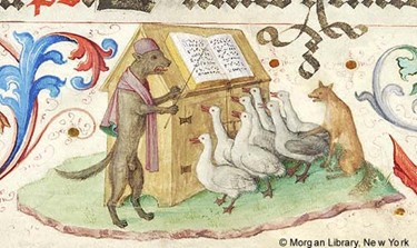 A medieval Manuscript image of a wolf teaching a flock of geese and another fox who are staring at a book which the wolf is using a stick to indicate which part of the text they are reading.