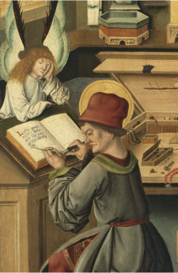 A scribe at his desk sharpens his quill whilst an angel looks on.