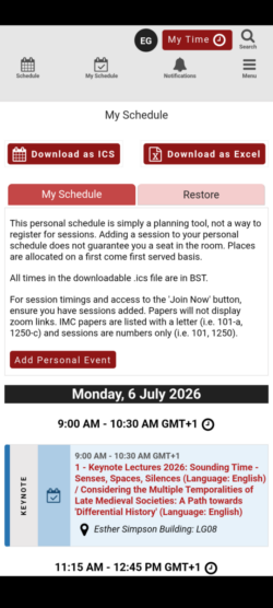 A screenshot of the My Schedule feature of the IMC 2026 app for Android